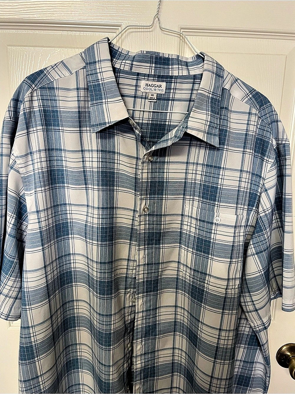 Haggar Cool 18 Tec Plaid Button Down Blue & White 4X